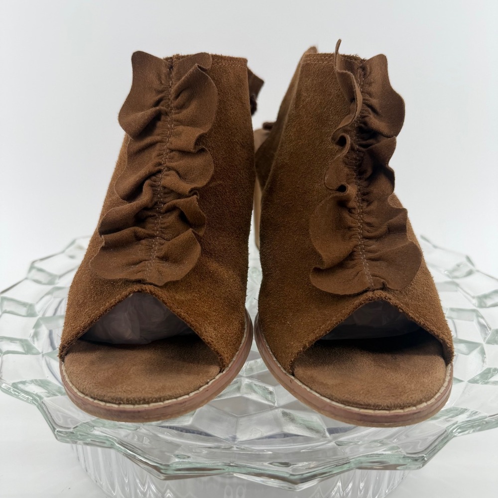 TOMS Brown Suede Ruffle Peep Toe Block Heel Ankle Boots Women Size 6M